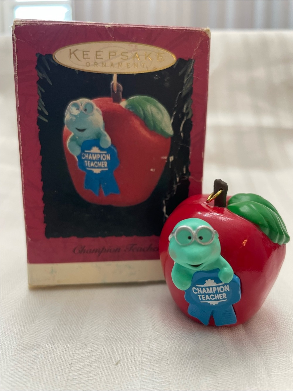 Teacher Hallmark Keepsake Apple Ornament with Green Frog and Blue Ribbon
